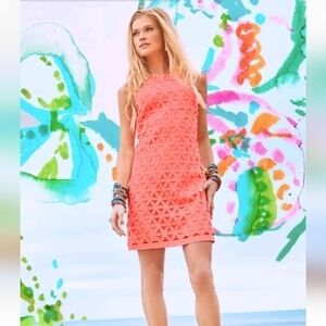Lilly Pulitzer Scuba Ponte Daisy Laser Cut Pink Sun Ray Mango Shift Dress XS
